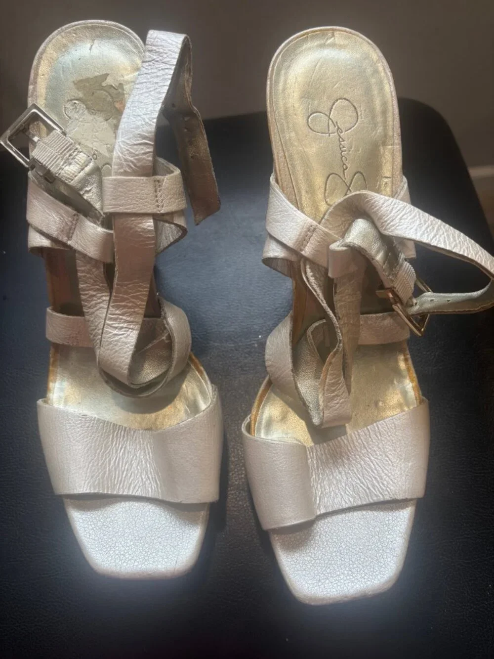 Jessica Simpson Pearlescent Cream Leather Studded Platform Heel Sandals Sz 11